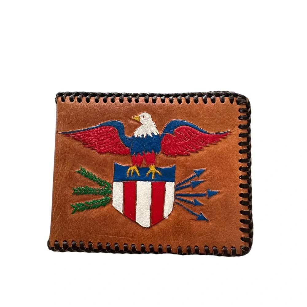 Hand Tooled Leather‎ Bifold Wallet American Eagle Shield Whipstitch Tan Brown